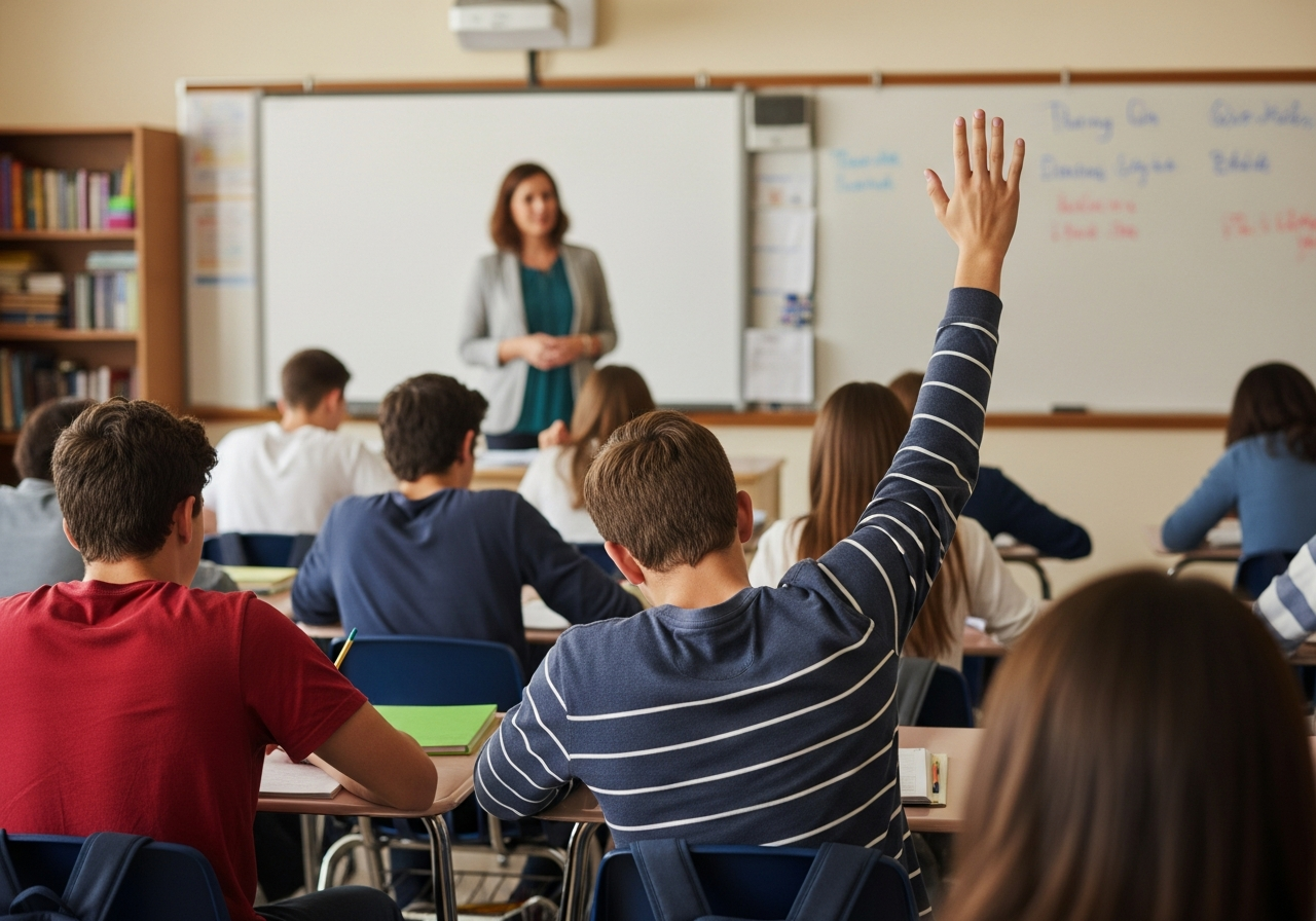 Teacher working at desk with laptop